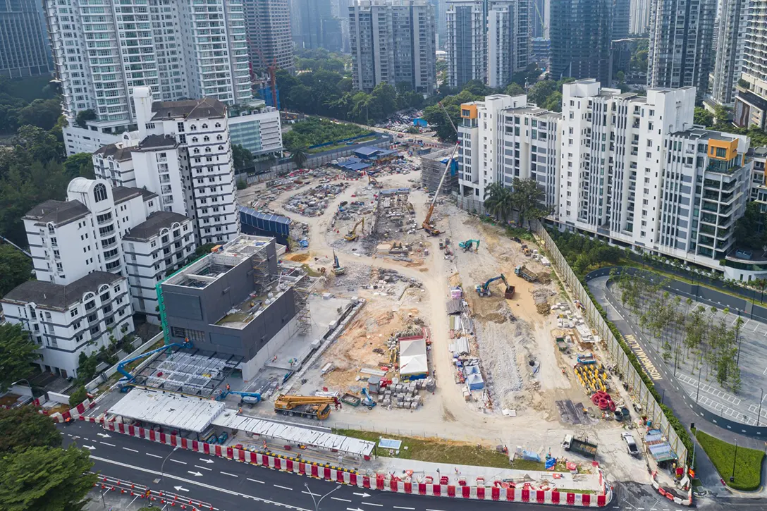 Aerial view of the Conlay MRT Station site with its ongoing external works.