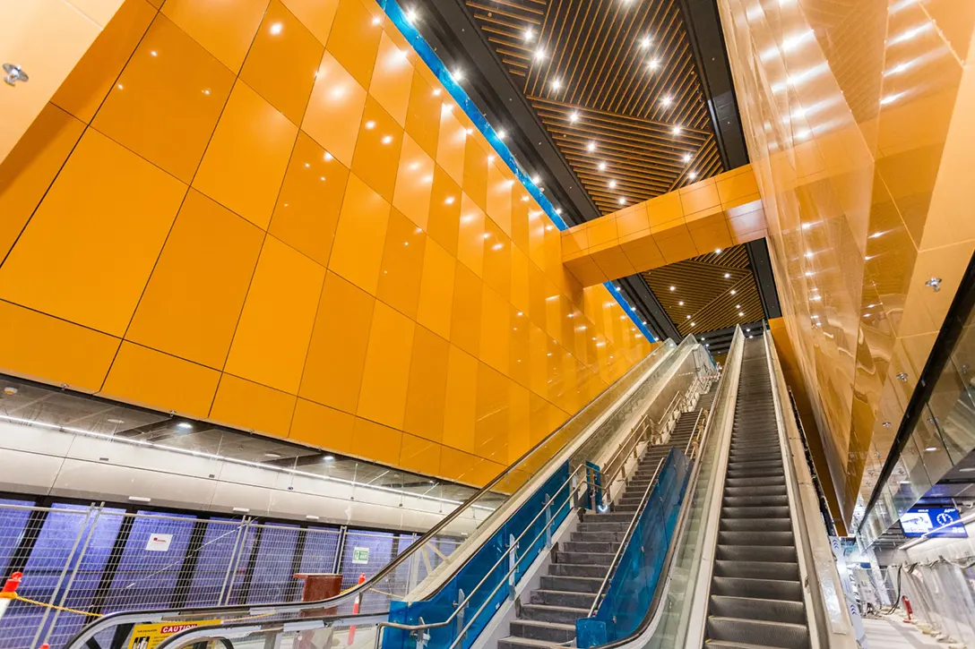 Cladding works completed at the escalator void area at the Conlay MRT Station.