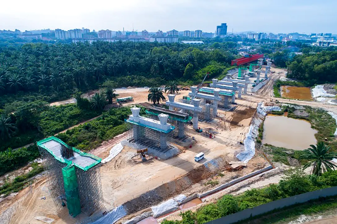 Aerial view of the segmental box girder launching at the Cyberjaya City Centre MRT Station site.