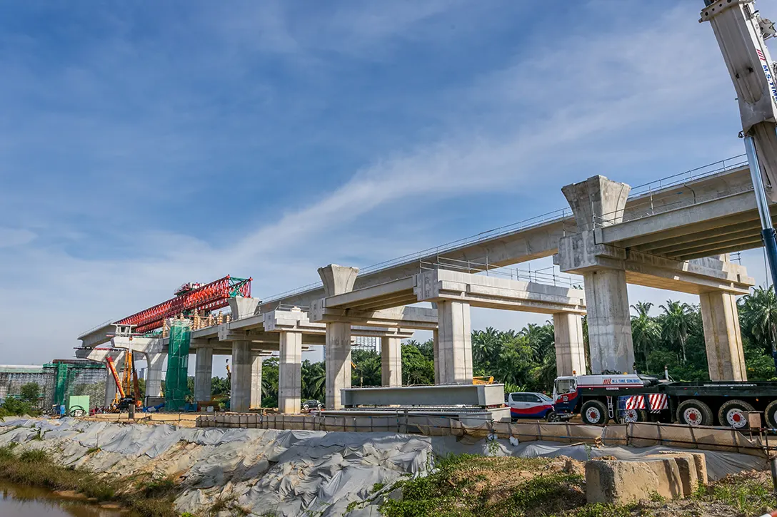 Ongoing segmental box girder launching works at the Cyberjaya City Centre MRT Station site.