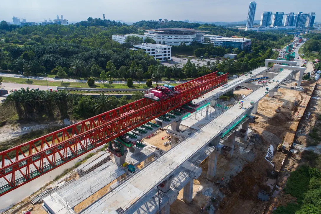 Aerial view of the segmental box girder launching at the Cyberjaya City Centre MRT Station site.