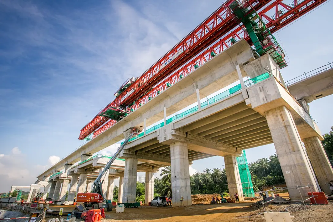 Ground view of the segmental box girder launching in progress at the Cyberjaya City Centre MRT Station site