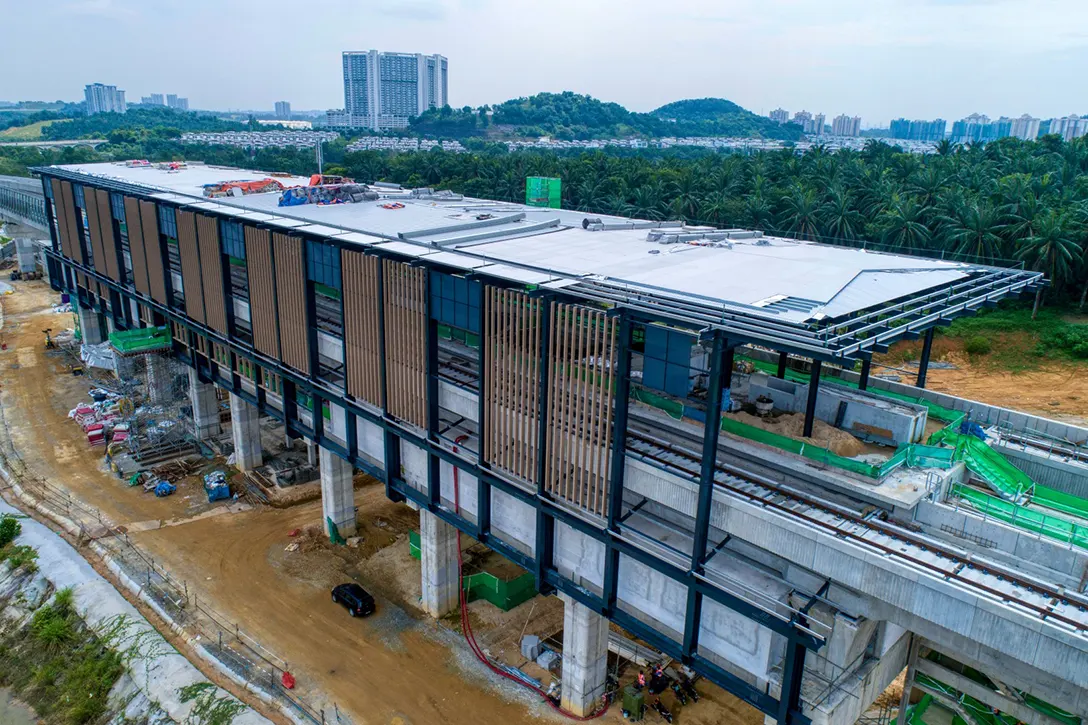 Aerial view of the Cyberjaya City Centre MRT Station site showing the ongoing rooftop façade.