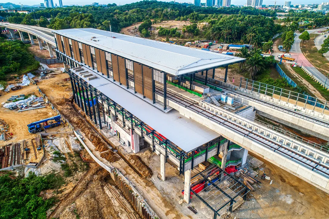 Aerial view of the Cyberjaya City Centre MRT Station site showing the station box and entrance roof completed.