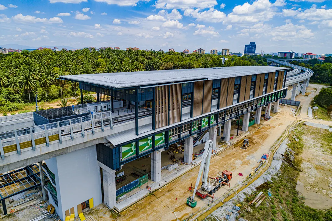 Aerial view of the Cyberjaya City Centre MRT Station showing roof aluminium composite panel installation works in progress.