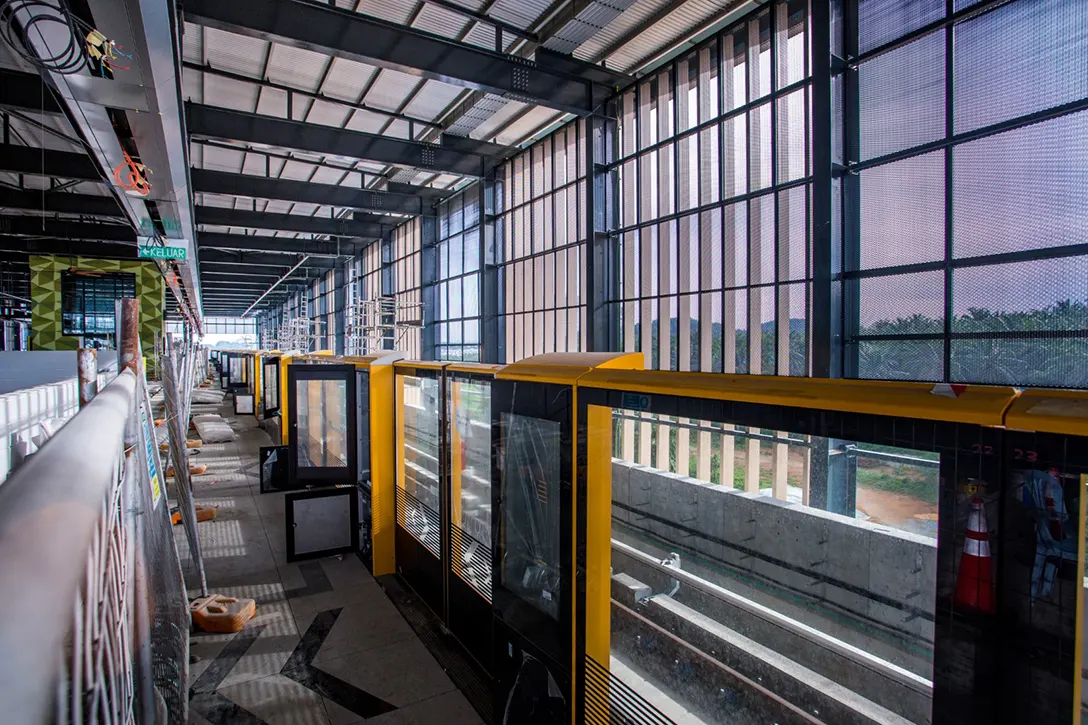 View of the Cyberjaya City Centre MRT Station showing the scupper drain, tiling and platform level in progress.