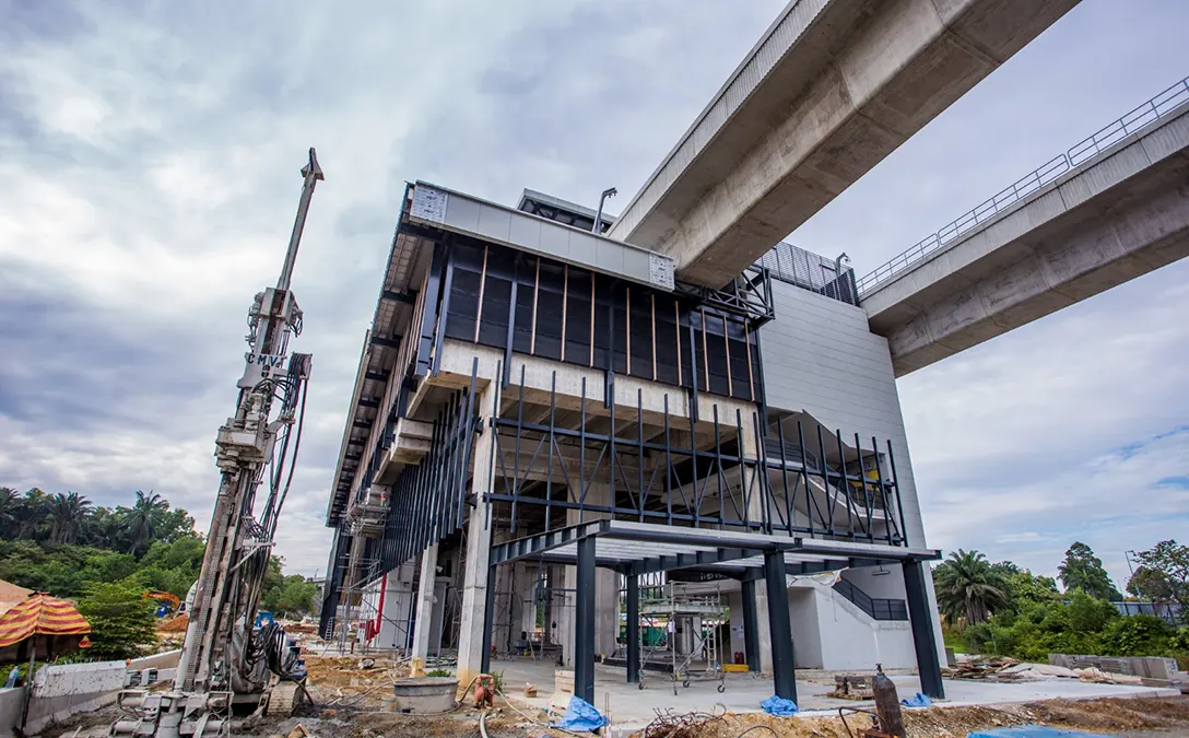 Ongoing micro pile activity for foundation link bridge of the Cyberjaya City Centre MRT Station.