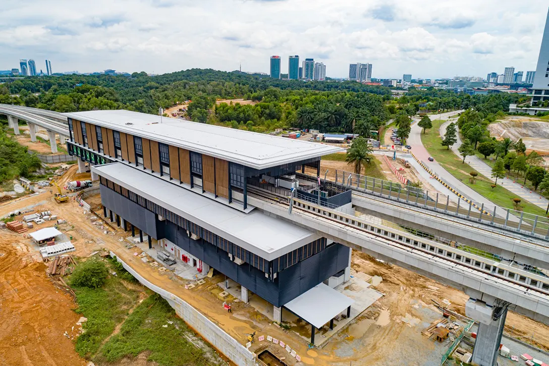 Aerial view of the Cyberjaya City Centre MRT Station showing the external works such as sewerage, drainage and roadworks are in progress.