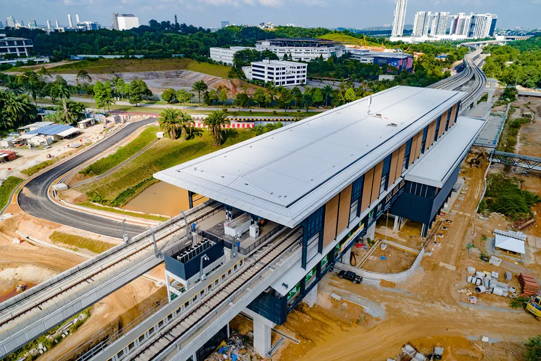 Aerial view of the Cyberjaya City Centre MRT Station showing the external works in progress such as drainage works and BOMBA access.