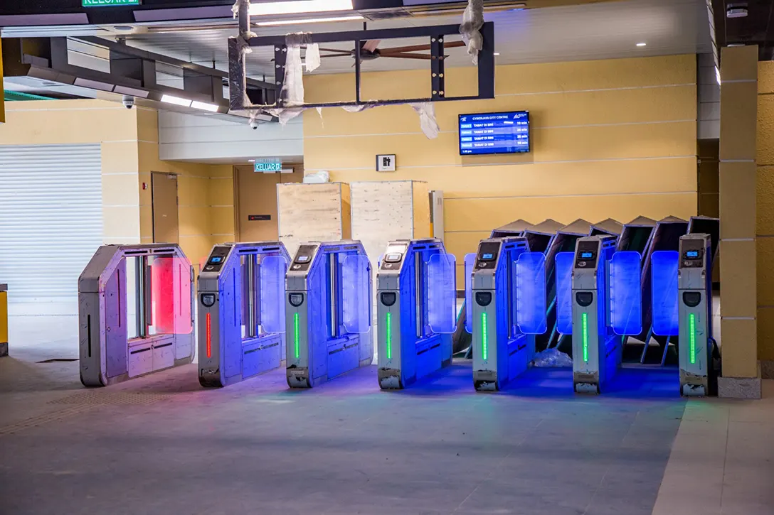 Testing and commissioning of Automatic Fare Collection gate system in progress at the Cyberjaya City Centre MRT Station.