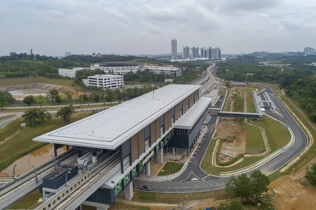 Aerial view of the Cyberjaya City Centre MRT Station showing the external roadworks and landscape works in progress.