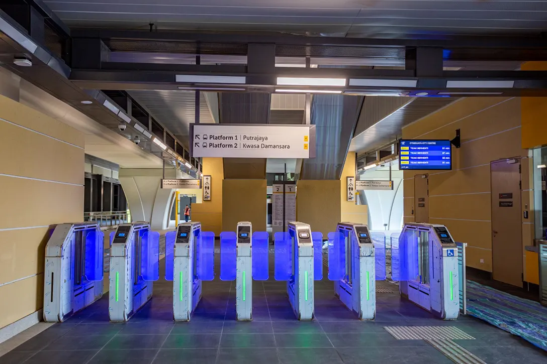 Testing and commissioning of Automatic Fare Collection gate system in progress at the Cyberjaya City Centre MRT Station.