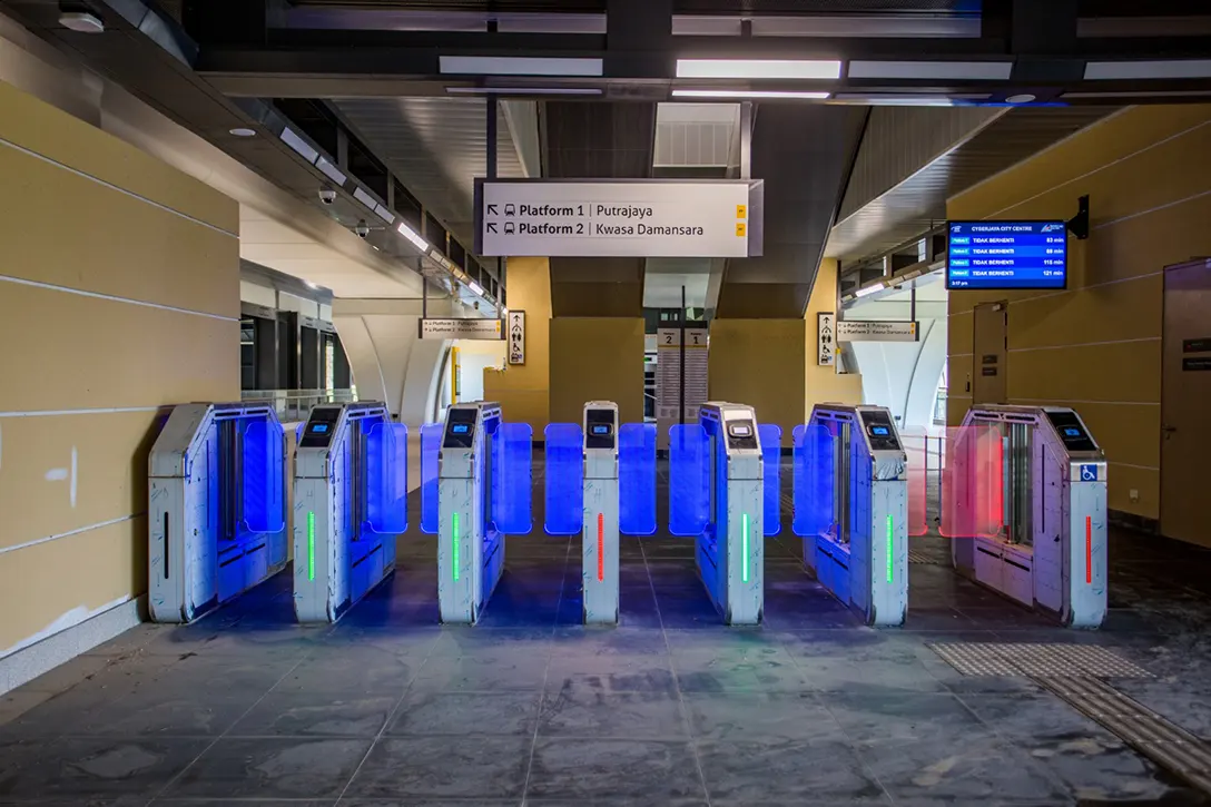 Testing and commissioning of Automatic Fare Collection gate system in progress at the Cyberjaya City Centre MRT Station.
