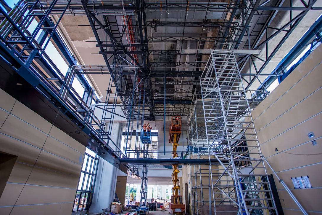 View of the strip ceiling installation works in progress.at Cyberjaya Utara MRT Station concourse level.