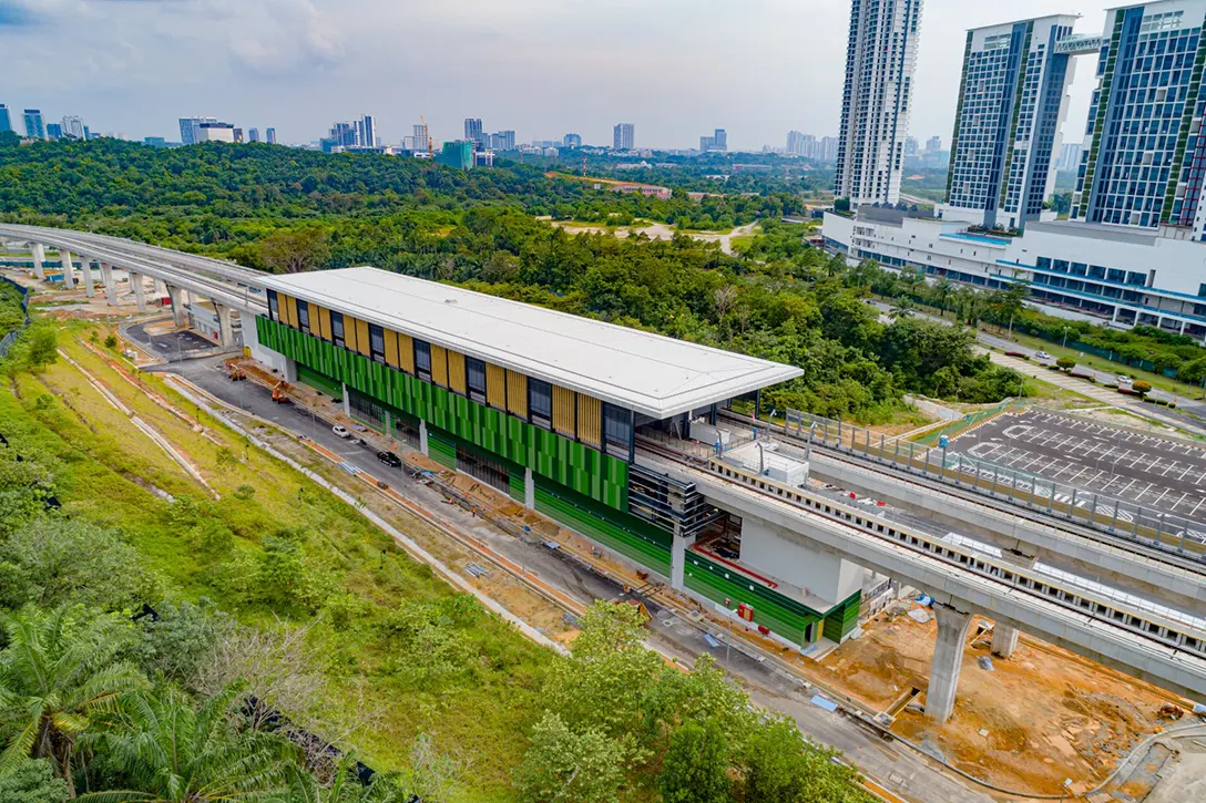 Aerial view of the Cyberjaya Utara MRT Station showing the external façade installation in progress including external works.
