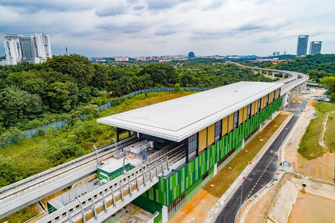 Aerial view of the Cyberjaya Utara MRT Station showing the turfing and landscaping works in progress