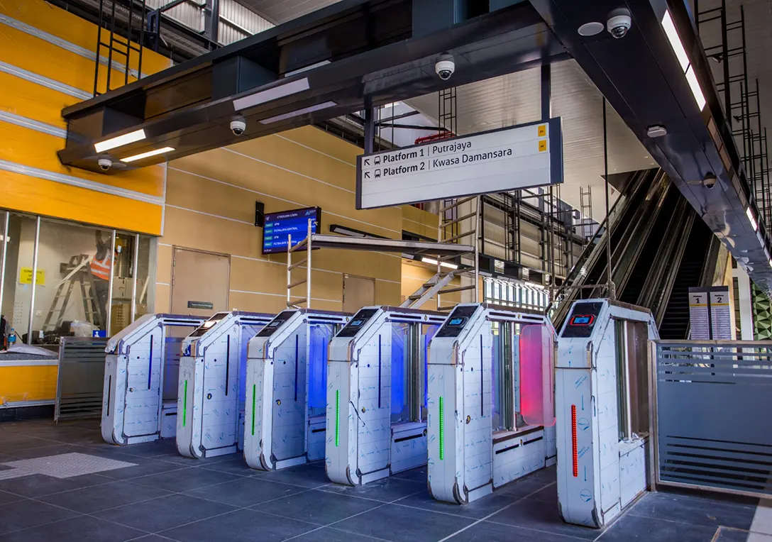 Testing and commissioning of Automatic Fare Collection gate system in progress at the Cyberjaya Utara MRT Station.