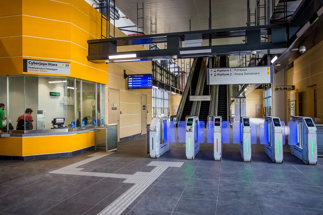 Testing and commissioning of Automatic Fare Collection gate system in progress at the Cyberjaya Utara MRT Station.