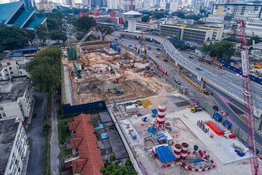Aerial view of site demobilisation works at the Hospital Kuala Lumpur MRT Station site.