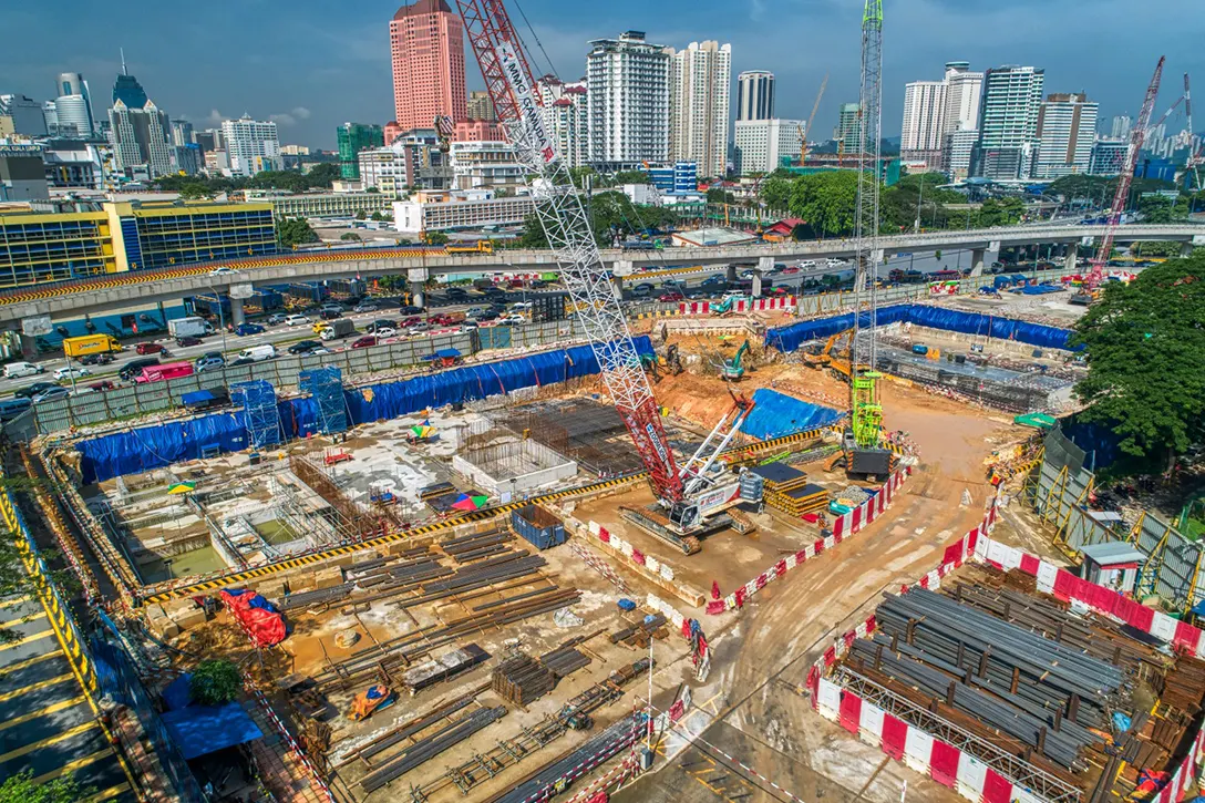 Aerial view of the construction works for station box reinforced concrete wall at roof slab of Hospital Kuala Lumpur MRT Station
