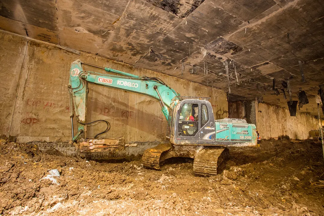 Excavation at the Hospital Kuala Lumpur MRT Station concourse level for reinforced concrete slab.