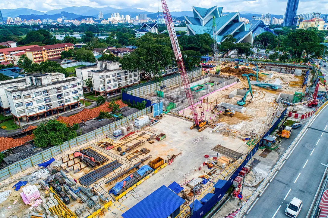 Aerial view of the Hospital Kuala Lumpur MRT Station site showing the ongoing construction works
