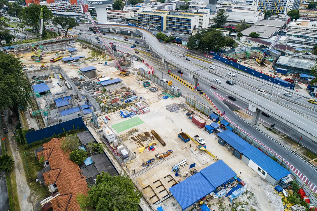 Aerial view of the Hospital Kuala Lumpur MRT Station showing the reinforced concrete construction works in progress at the Entrance B.