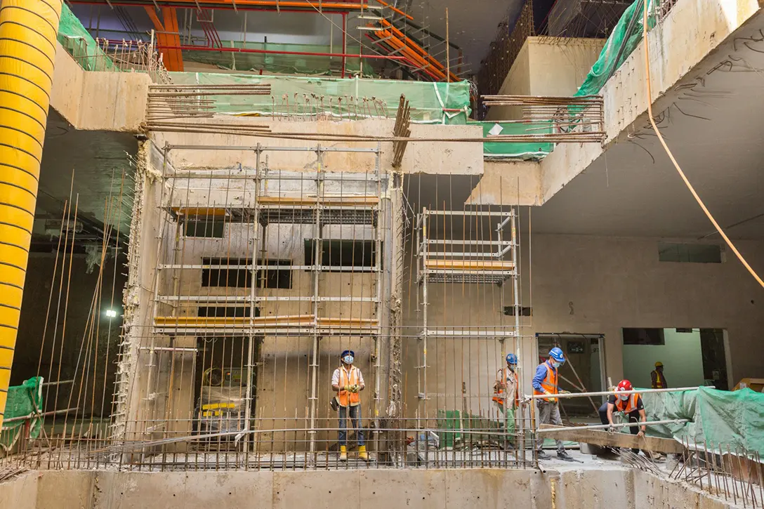 Ongoing rebar works for reinforced concrete wall construction in Extra Low Voltage Riser at Hospital Kuala Lumpur MRT Station platform level.