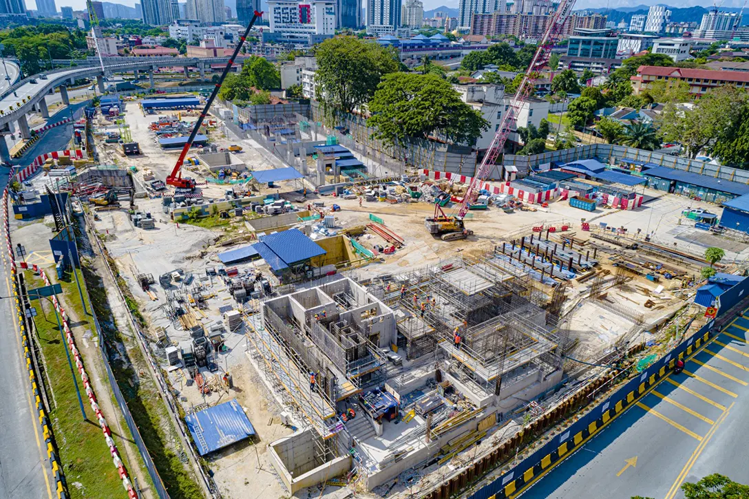 Aerial view of the Hospital Kuala Lumpur MRT Station showing the Entrance B reinforced concrete construction such as slab and wall at the entrance and ground levels in progress.