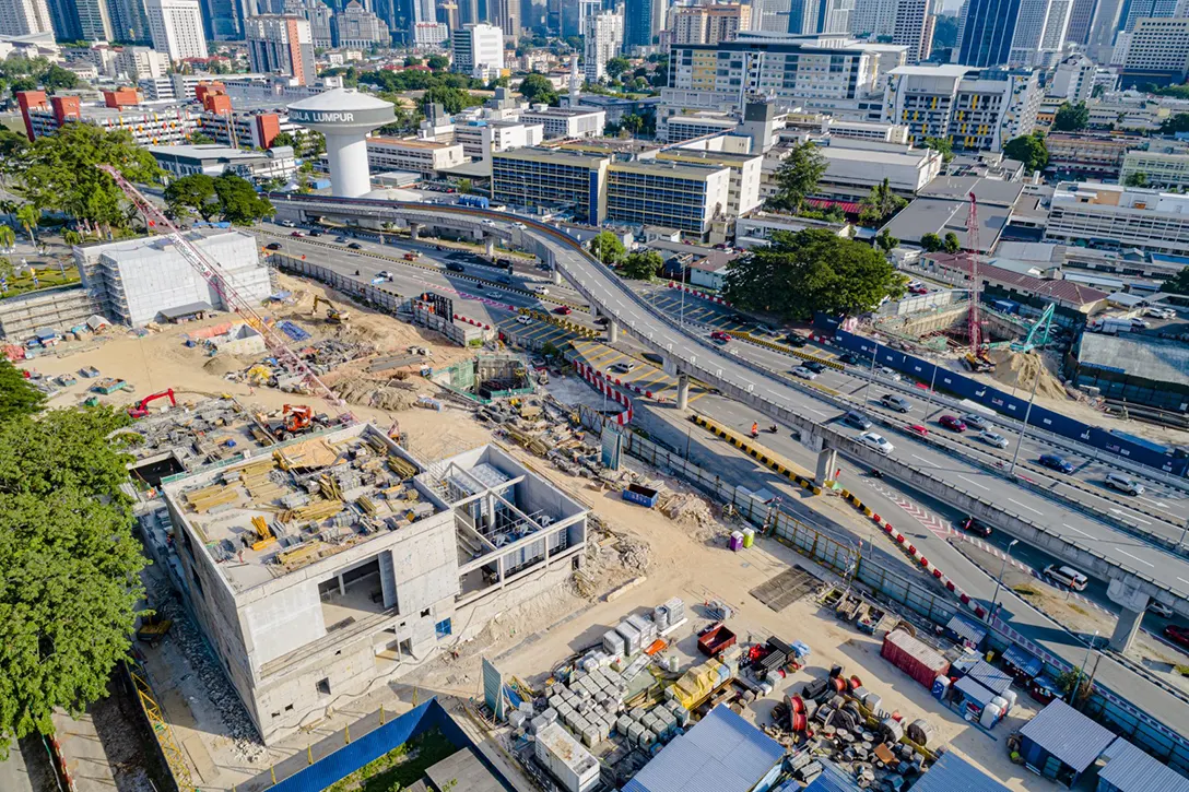 Ongoing plastering works at the Entrance B and C with external works preparation while reinforced works in progress at the Entrance A of the Hospital Kuala Lumpur MRT Station.