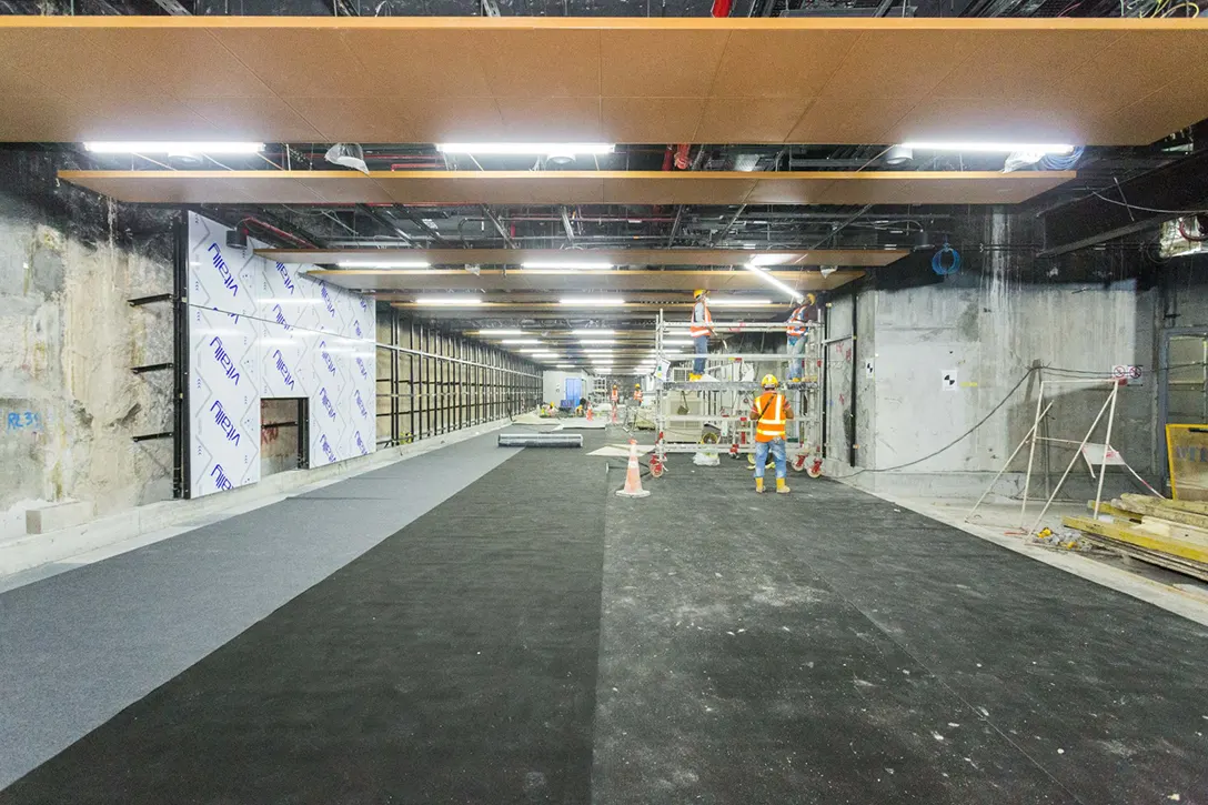 Tiling works completed with the ceiling works in progress at the concourse level Adit A of the Hospital Kuala Lumpur MRT Station.