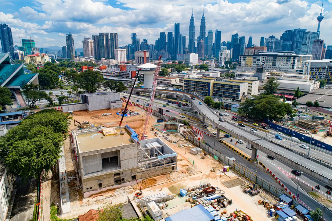 Aerial view of the Hospital Kuala Lumpur MRT Station showing the ongoing external finishes at the Entrance B and C of the building.