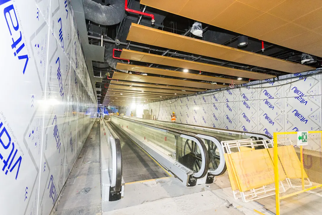 Completed travelators installation and architectural finishes along Adit A underpass of the Hospital Kuala Lumpur MRT Station.