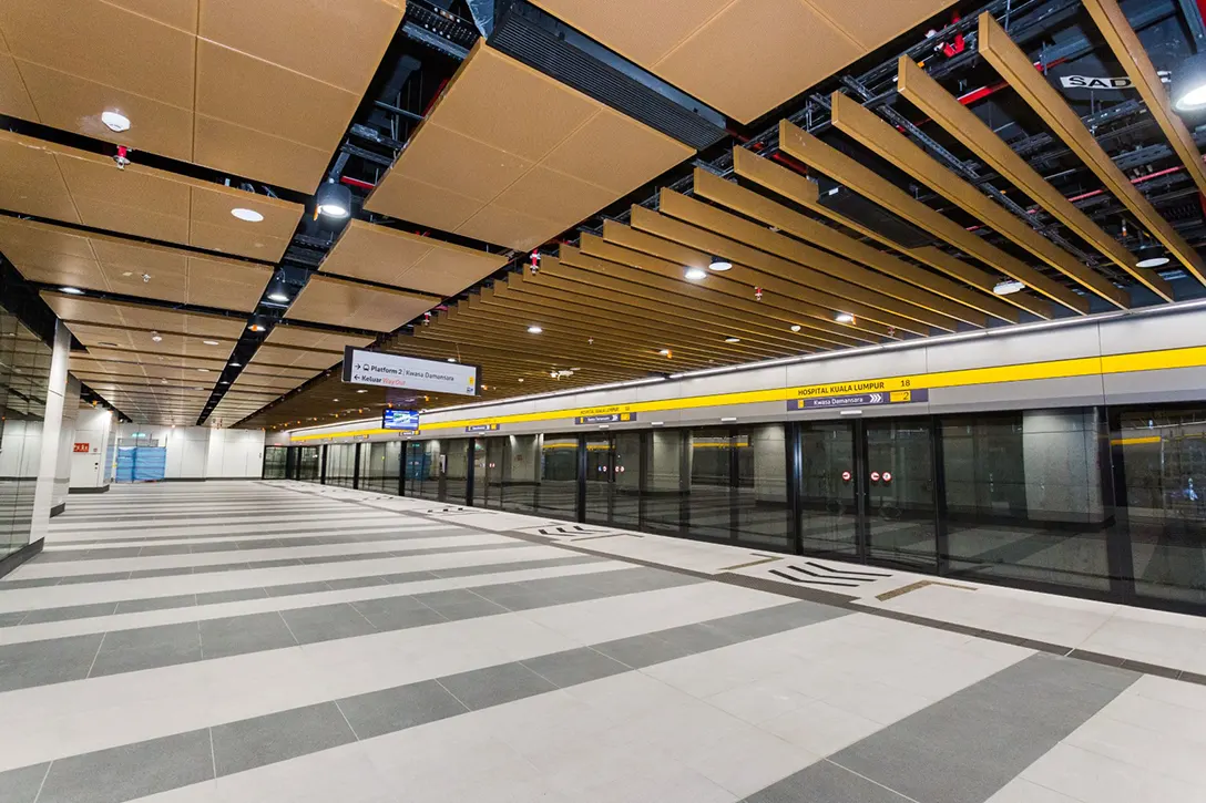Completed architecture finishes at the Hospital Kuala Lumpur MRT Station platform level.