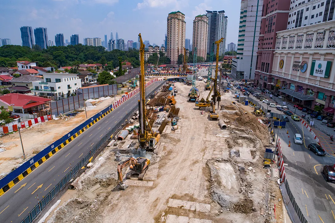 Aerial view of ground activities in progress at the Jalan Ipoh MRT Station site.