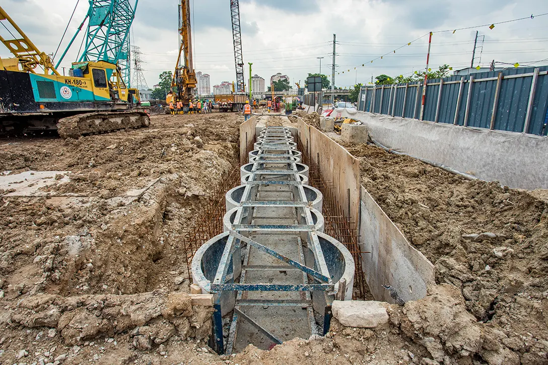 View of the guide wall for secant bore piling works in progress at the Jalan Ipoh MRT Station site.