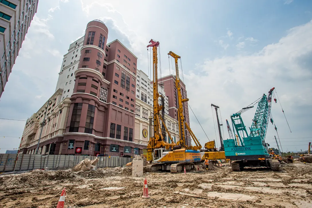 Ground view of secant bore piling works in progress at the Jalan Ipoh MRT Station site.