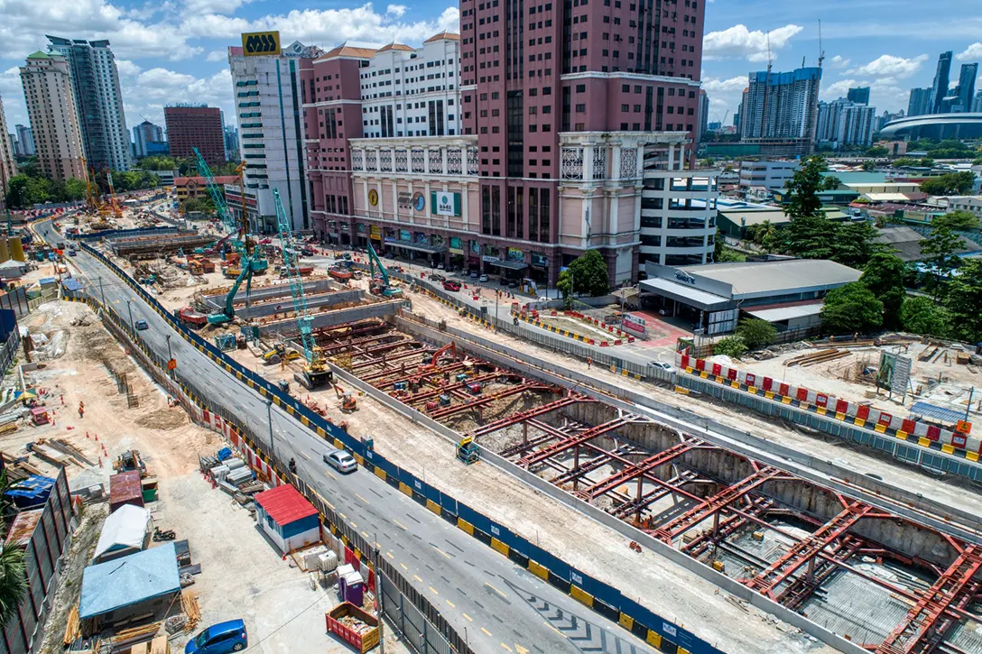 Aerial view of the Jalan Ipoh MRT Station site showing the excavation and strutting installation works in progress.