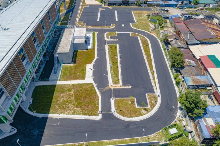 Aerial view of the Jinjang MRT Station showing the asphaltic concrete wearing course laying completed