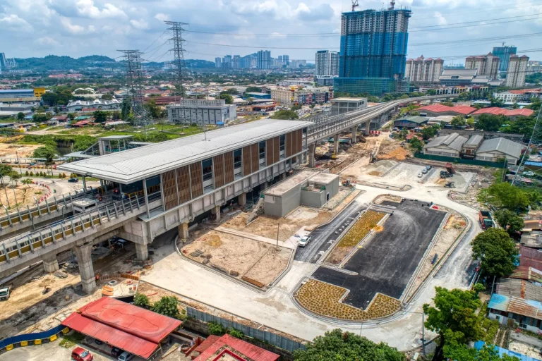 Aerial view of the Jinjang MRT Station site showing the station external works in progress such as roadworks