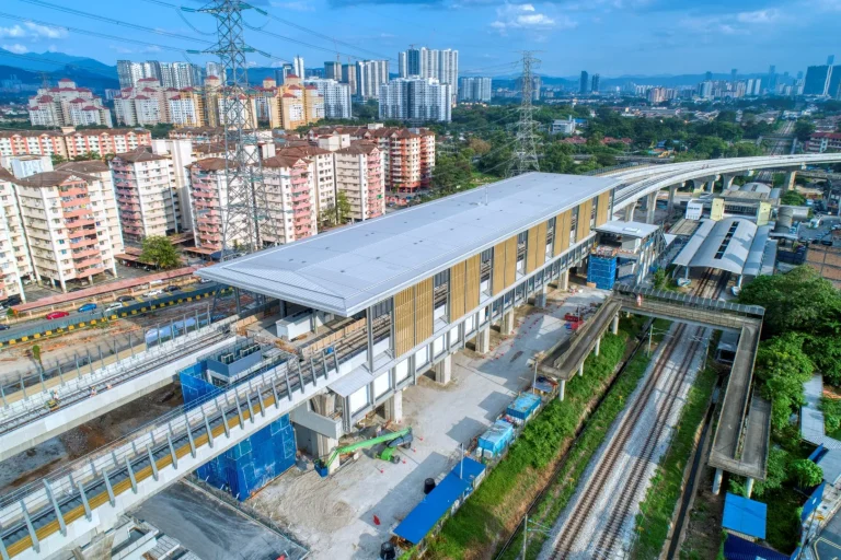 Aerial view of the Kampung Batu MRT Station showing the works in progress for tiling, boombox cable and railing installation