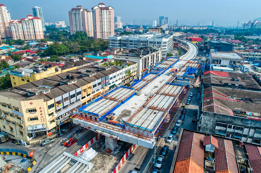 Aerial view showing the bracket installation for Kentonmen MRT Station temporary working platform.