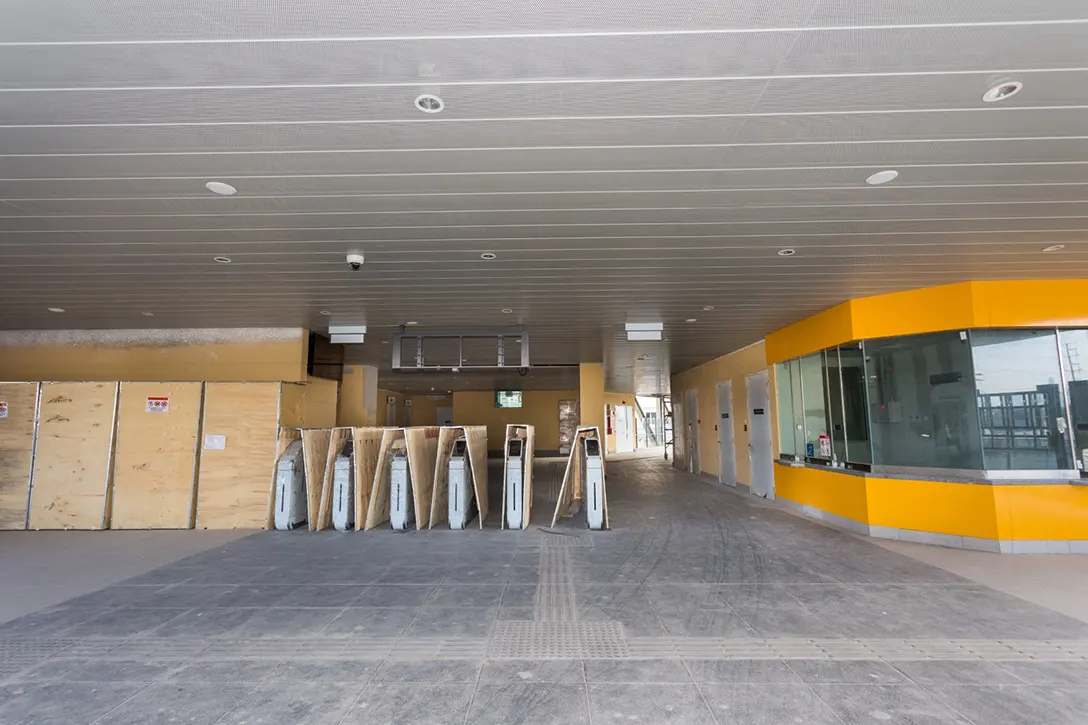 View of the ongoing plastering works and mechanical and electrical works at the Kentonmen MRT Station.