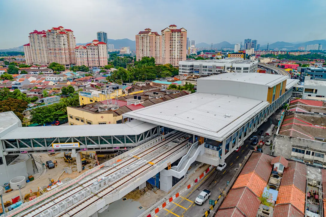 Aerial view of Kentonmen MRT Station showing the final stage tiling works in progress.