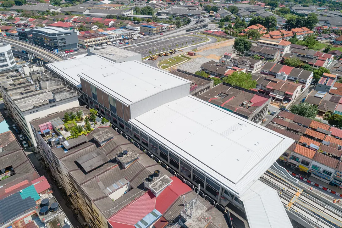 Aerial view of Kentonmen MRT Station showing the final external touch-up paint works in progress.