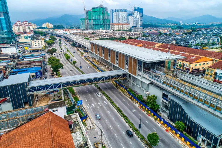 Aerial view of the Kepong Baru MRT Station showing external works such as retaining wall and drainage works in progress