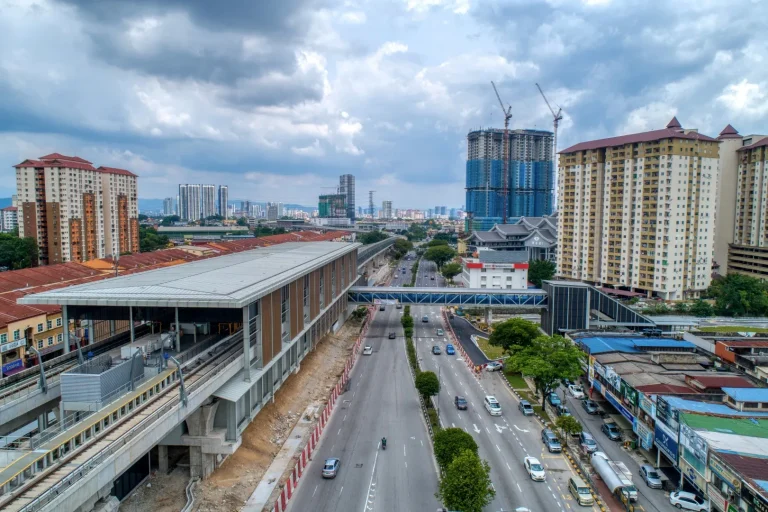 Aerial view of the Kepong Baru MRT Station site showing the station external works such as road, drainage and walkway in progress