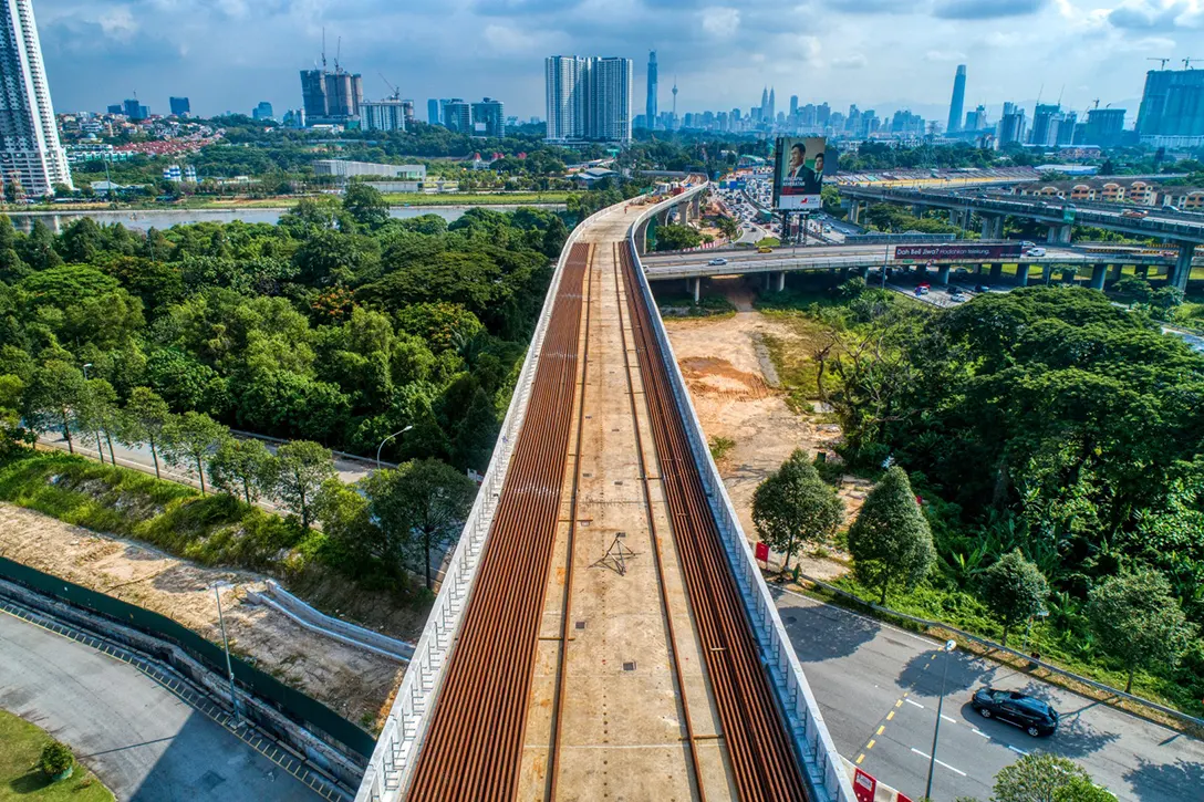 Aerial view of the Kuchai MRT Station site showing the long rail storage.