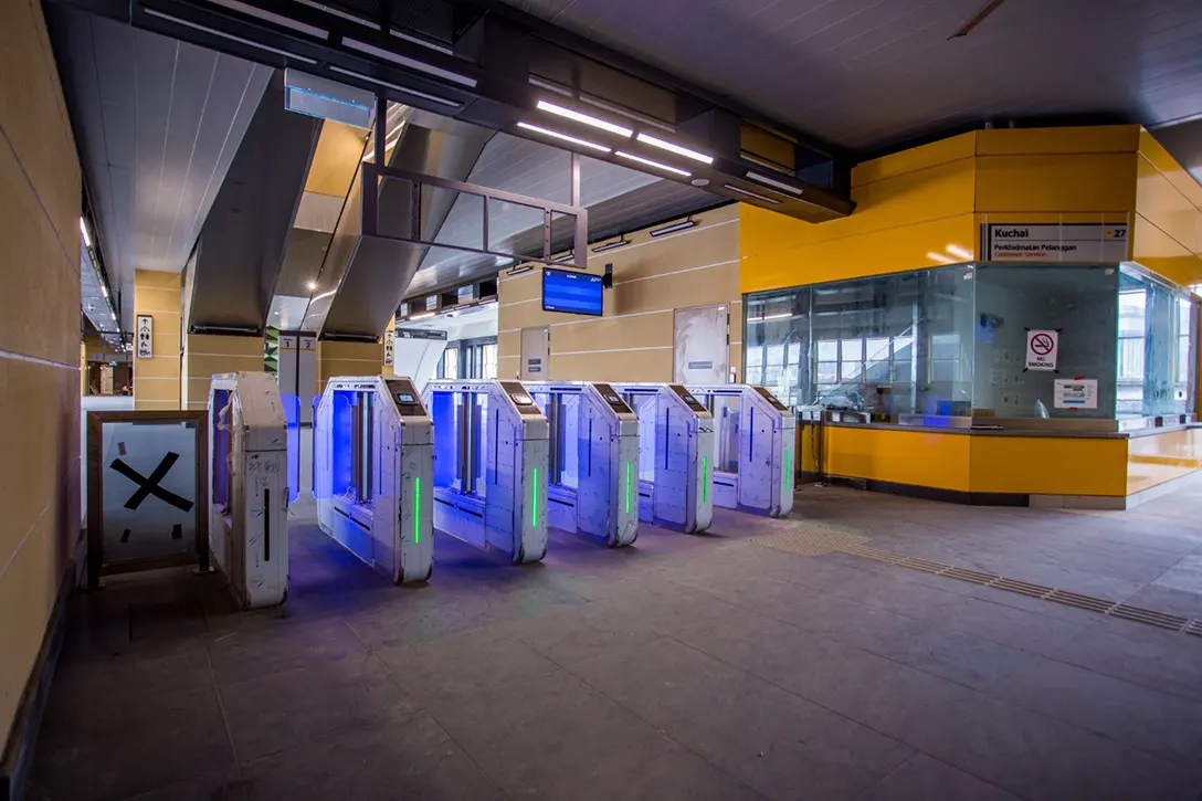 Testing for Automatic Fare Collection gate system in progress at the Kuchai MRT Station.