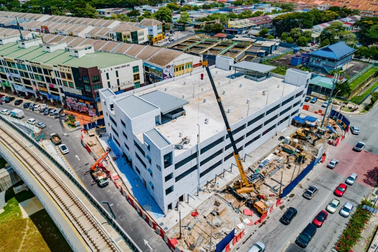 Aerial view of the Metro Prima MRT Station multi-storey park and ride showing external and painting works in progress